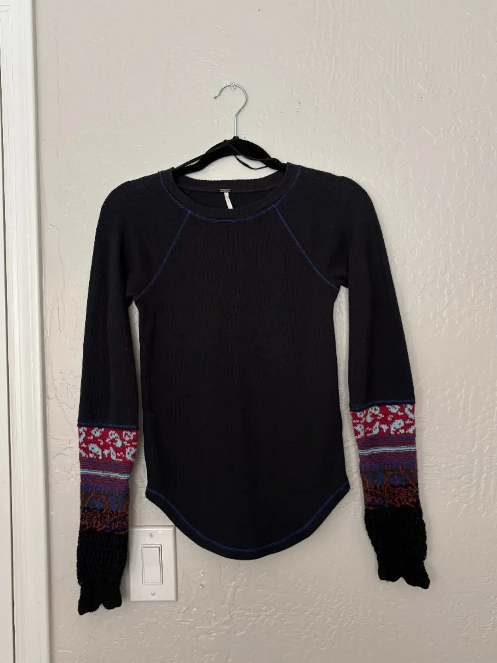 Free People In The Mix Cuff Long Sleeve Thermal Top Dark Blue Color Size Small